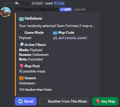 TF2 Random Map Picker Discord result showing a selected map and reroll buttons